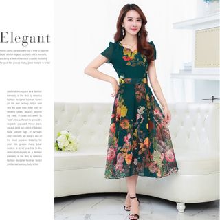 Đầm Dáng Xòe Cổ Tròn In Hoa 3D Cao Cấp