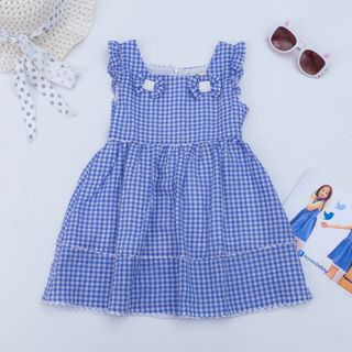 Váy caro xanh bé gái phối zic zac trắng