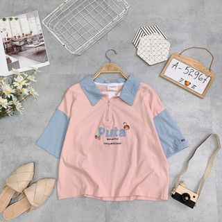 Áo thun cổ bẻ dây kéo, hình nổi xinh xắn lắm á