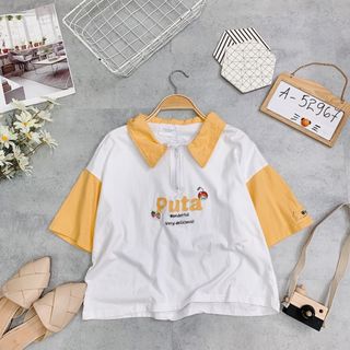 Áo thun cổ bẻ dây kéo, hình nổi xinh xắn lắm á