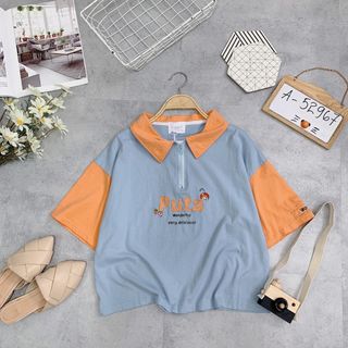 Áo thun cổ bẻ dây kéo, hình nổi xinh xắn lắm á