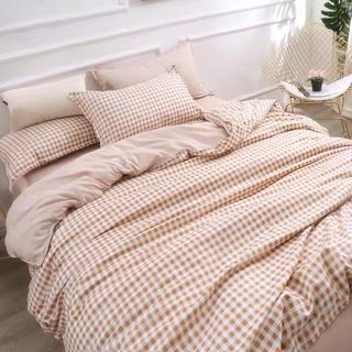 Bộ chăn ga gối cotton PL1 caro nâu be SP000661