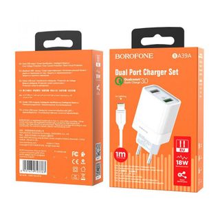Bộ Cóc Cáp Sạc Nhanh QC3.0 BA39A Borofone - 2 cổng sạc - cổng Lightning chuẩn EU
