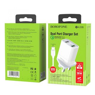 Bộ Cóc Cáp Sạc Nhanh QC3.0 BA39B Borofone - 2 cổng sạc - cổng Lightning chuẩn UK
