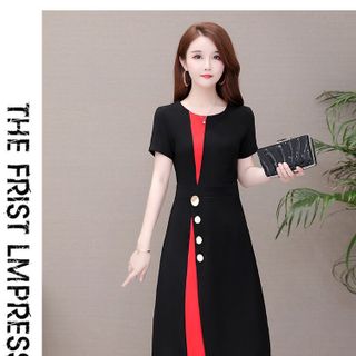 ĐẦM XOÈ PHỐI MÀU CỔ TRÒN - DT1248