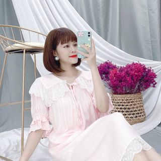 Váy ngủ bánh bèo phối ren lụa QC mềm mại