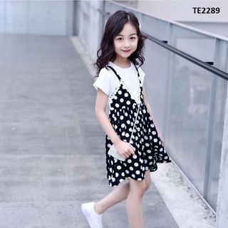 Váy giả yếm may liền áo thun dáng xòe