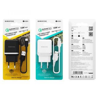 Bộ Cóc Cáp Sạc Nhanh BA36A QC3.0 Borofone - 1 Cổng USB - Cổng Type-C - chuẩn EU