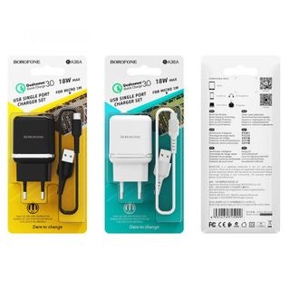 Bộ Cóc Cáp Sạc Nhanh BA36A QC3.0 Borofone - 1 Cổng USB - Cổng Micro-USB - chuẩn EU