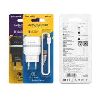 Bộ Cóc Cáp Sạc BA24A Borofone - 2 Cổng USB - Cổng Lightning - chuẩn EU