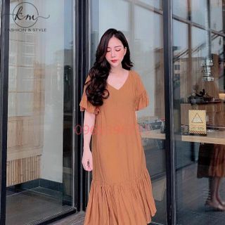 ĐẦM DÁNG SUÔNG CỔ TIM TAY BỒNG