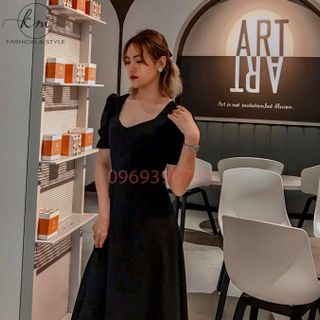 Đầm Cổ Vuông TimTay Bồng Dáng Xòe Chân váy xẻ