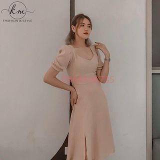 Đầm Cổ Vuông TimTay Bồng Dáng Xòe Chân váy xẻ