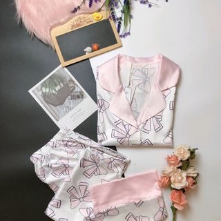 Đồ ngủ đồ pijama tay dài quần dài Lụa in 3D Họa tiết Nơ giá sỉ