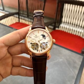 Đồng hồ Patek Philipe nam vỏ vàng mặt trắng lộ cơ