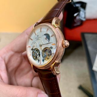 Đồng hồ Patek Philipe nam vỏ vàng mặt trắng lộ cơ