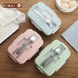 Hộp cơm lúa mạch 3 ngăn kèm muỗng đũa inox.