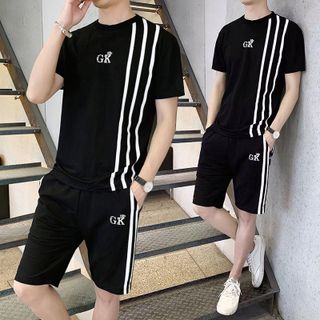 Bộ Quần Áo Thun Nam Thể Thao Mùa Hè Thể Thao Tay Ngắn Kết Hợp Quần Short GK Họa Tiết Ba Sọc Sành Điệu