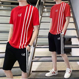 Bộ Quần Áo Thun Nam Thể Thao Mùa Hè Thể Thao Tay Ngắn Kết Hợp Quần Short GK Họa Tiết Ba Sọc Sành Điệu