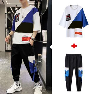 Bộ Đồ Thun Nam Thể Thao Ngắn Tay Phối Ba Màu Mảnh Ghép Hình Học Kết Hợp Quần Jogger Túi Hộp Kèm Dây Cá Tính