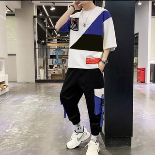 Bộ Đồ Thun Nam Thể Thao Ngắn Tay Phối Ba Màu Mảnh Ghép Hình Học Kết Hợp Quần Jogger Túi Hộp Kèm Dây Cá Tính