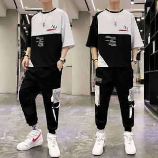Bộ Quần Áo Thun Nam Mùa Hè Áo Ngắn Tay NM Phối Quần Jogger Túi Hộp Cá Tính