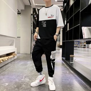 Bộ Quần Áo Thun Nam Mùa Hè Áo Ngắn Tay NM Phối Quần Jogger Túi Hộp Cá Tính