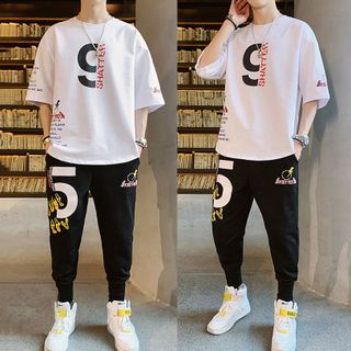 Bộ Đồ Thun Nam Thể Thao Áo Số 9 Ngắn Tay Kết Hợp Quần Jogger Bo Gấu Phối Họa Tiết Chữ SHATTER
