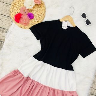 ĐẦM XÒE TAY NGẮN PHỐI 3 MÀU XINH XẮN