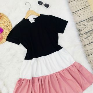 ĐẦM XÒE TAY NGẮN PHỐI 3 MÀU XINH XẮN