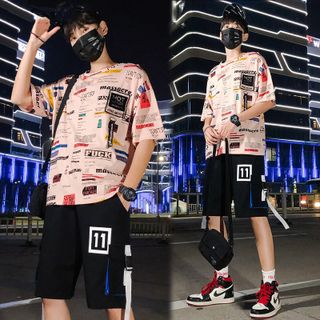 Bộ Quần Áo Thun Nam Mùa Hè Áo Ngắn Tay Kết Hợp Quần Short Túi Hộp In Hình Chữ Masscre Nổi Bật Cá Tính