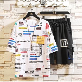 Bộ Quần Áo Thun Nam Mùa Hè Áo Ngắn Tay Kết Hợp Quần Short Túi Hộp In Hình Chữ Masscre Nổi Bật Cá Tính
