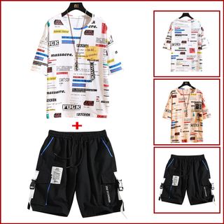 Bộ Quần Áo Thun Nam Mùa Hè Áo Ngắn Tay Kết Hợp Quần Short Túi Hộp In Hình Chữ Masscre Nổi Bật Cá Tính