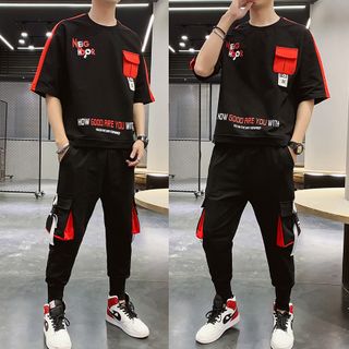 Bộ Quần Áo Thun Nam Thể Thao Ngắn Tay In Họa Tiết NEIGHBOR Kết Hợp Quần Jogger Túi Hộp Phối Dây