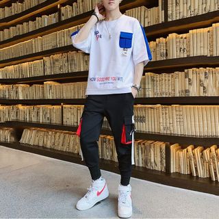 Bộ Quần Áo Thun Nam Thể Thao Ngắn Tay In Họa Tiết NEIGHBOR Kết Hợp Quần Jogger Túi Hộp Phối Dây