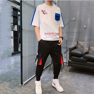 Bộ Quần Áo Thun Nam Thể Thao Ngắn Tay In Họa Tiết NEIGHBOR Kết Hợp Quần Jogger Túi Hộp Phối Dây
