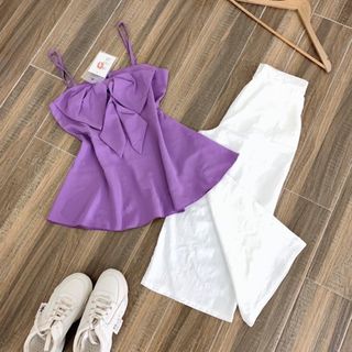 Set áo nơ quần ống rộng trắng