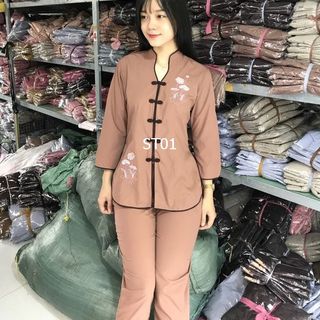 Áo lam phật tử đii chùa cổ tàu thêu sen