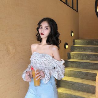 Áo kiểu bẹt vai tay bồng voan hoa