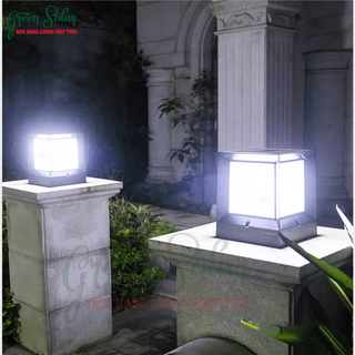 Đèn trụ cổng Led vuông lớn 4 mặt dùng năng lượng mặt trời - Tự sáng không dùng điện