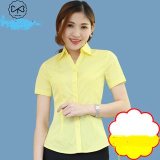 Áo sơ mi nữ tay ngắn cao cấp vải cotton loại 1 màu vàng