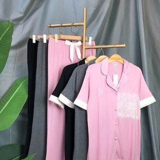Đồ ngủ tay ngắn quần dài pha ren túi Lụa quảng châu