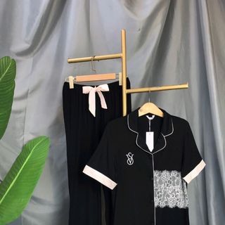 Đồ ngủ tay ngắn quần dài pha ren túi Lụa quảng châu