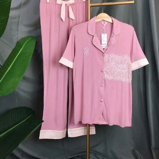Đồ ngủ tay ngắn quần dài pha ren túi Lụa quảng châu