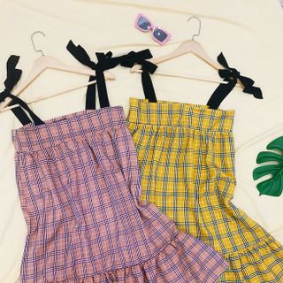 ĐẦM SỌC CARO 2 DÂY CỘT NƠ VAI