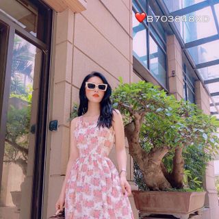 Đầm xoè voan hoa nhúng eo - mua đầm voan hoa hai dây đẹp giá rẻ