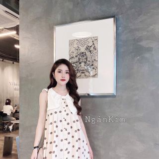 Váy chấm bi cổ nơ bầu bí bon chen thoải mái