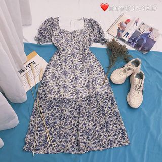 Đầm xoè voan hoa xẻ tà - Mua đầm hoa nhí tay phồng cực xinh