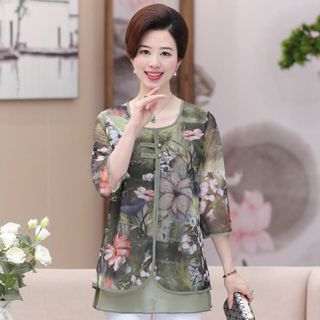 Áo voan trung niên nữ cao cấp phối hoa sang trọng NV0176