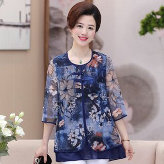 Áo voan trung niên nữ cao cấp phối hoa sang trọng NV0176